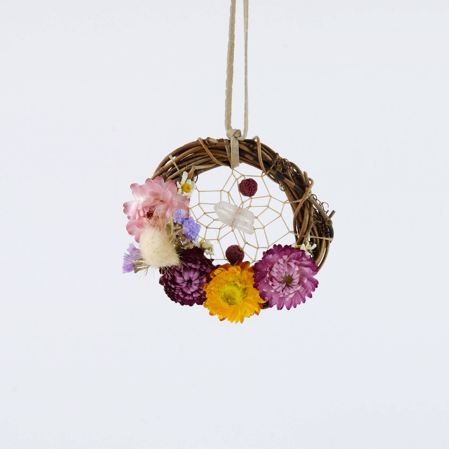 3" Botanical Natural Twig Dream Catcher with Lava Beads and Dried Flowers (Diffuser)